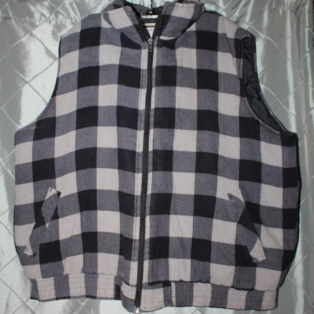 Vtg Woodland Men 2XL Black White Plaid Body Warmer Zip Up Quilted Liner Vest